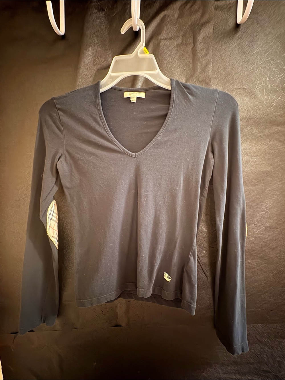 Burberry Black Long-Sleeve V-Neck Top with Check Inset